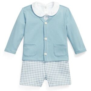 Ralph Lauren Baby 3-Piece Cardigan, Overalls & Bodysuit Set in Blue Gingham 24M